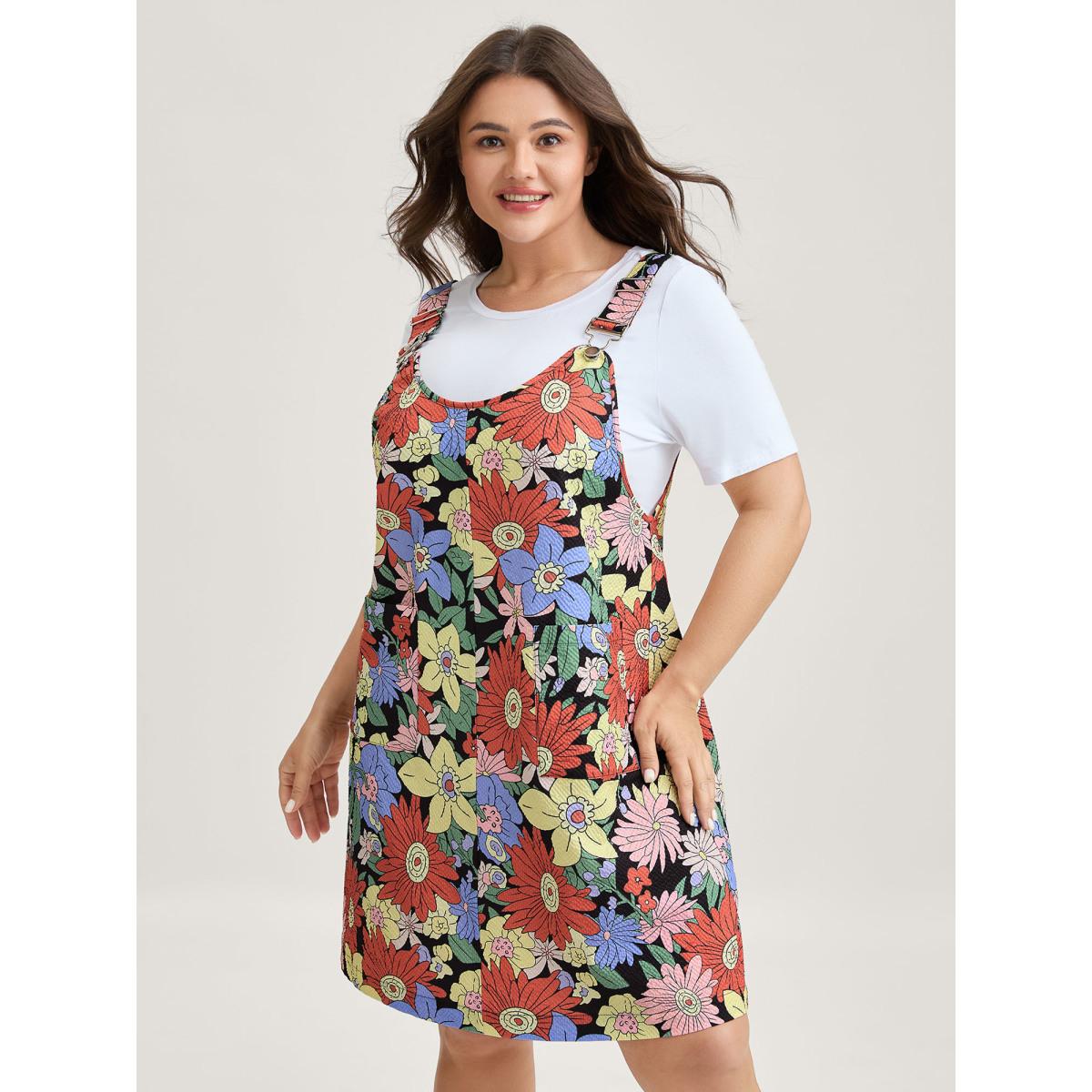 Plus Size Floral Print Textured Overall Straps Dress Multicolor Women Playful Round Neck Sleeveless Curvy BloomChic 28/5X Product Image