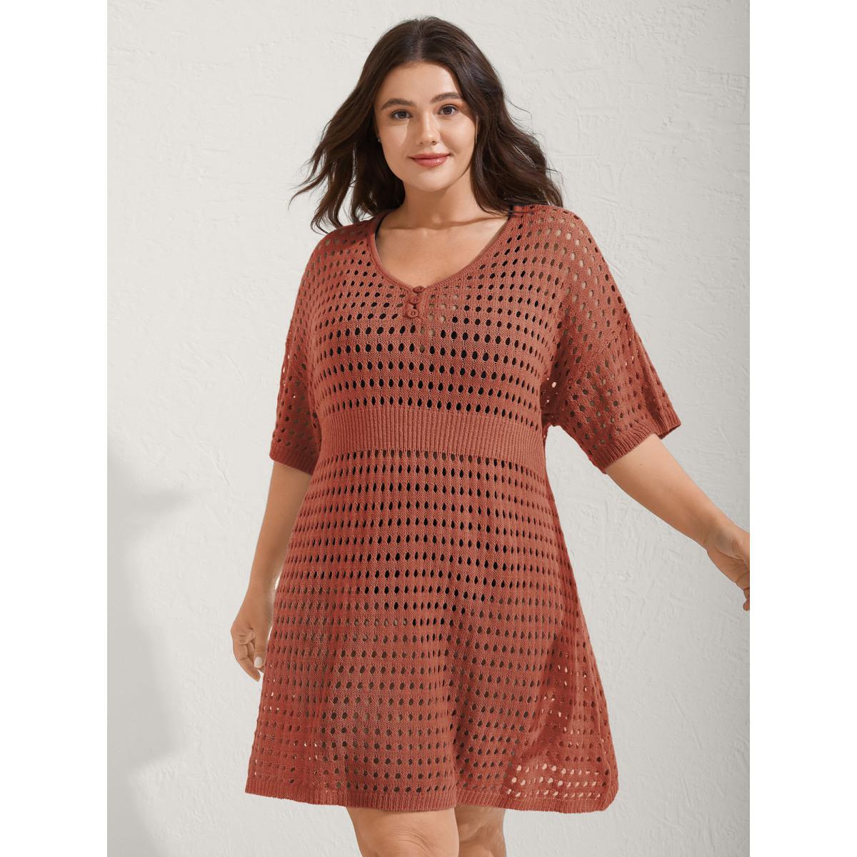 Plus Size Cut-Out Waist-Cinched Button Swim Cover-Up Women's Swimwear Rust Resort Loose Cut-Out Curve Swim Cover Ups BloomChic 30/6X Product Image