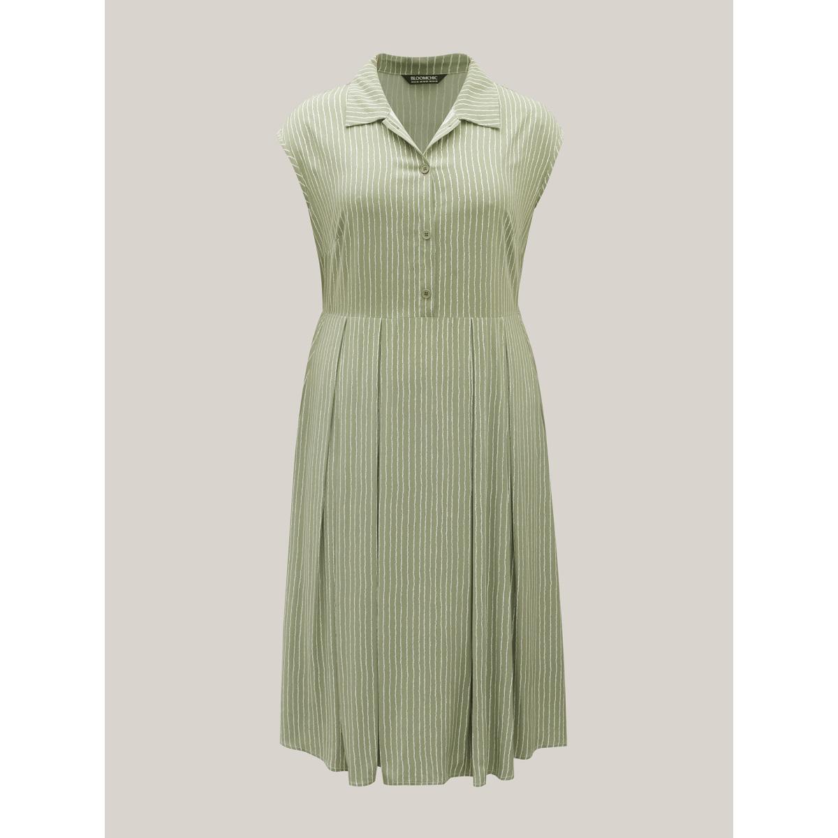 Plus Size Stripe Print Button Detail Collar Midi Dress Sage Women Shirt collar Cap Sleeve Curvy BloomChic 22-24/3X Product Image