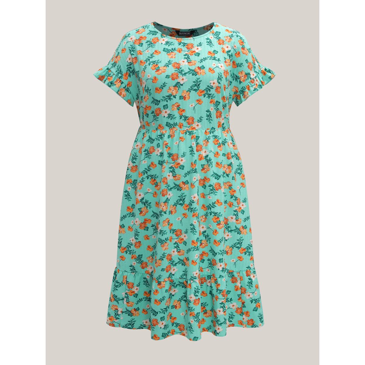 Plus Size Floral Print Ruffled Pockets Midi Dress Turquoise Women Elegant Texture Round Neck Short sleeve Curvy BloomChic 12/L Product Image