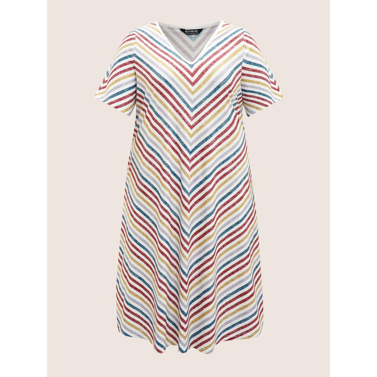 Plus Size Colored Striped V Neck Pocket Midi Dress Multicolor Women Casual Contrast V-neck Short sleeve Curvy BloomChic 12/L Product Image