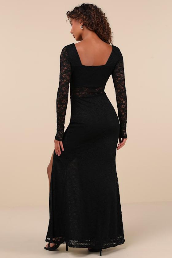 Sensationally Poised Black Lace Long Sleeve Maxi Dress Product Image
