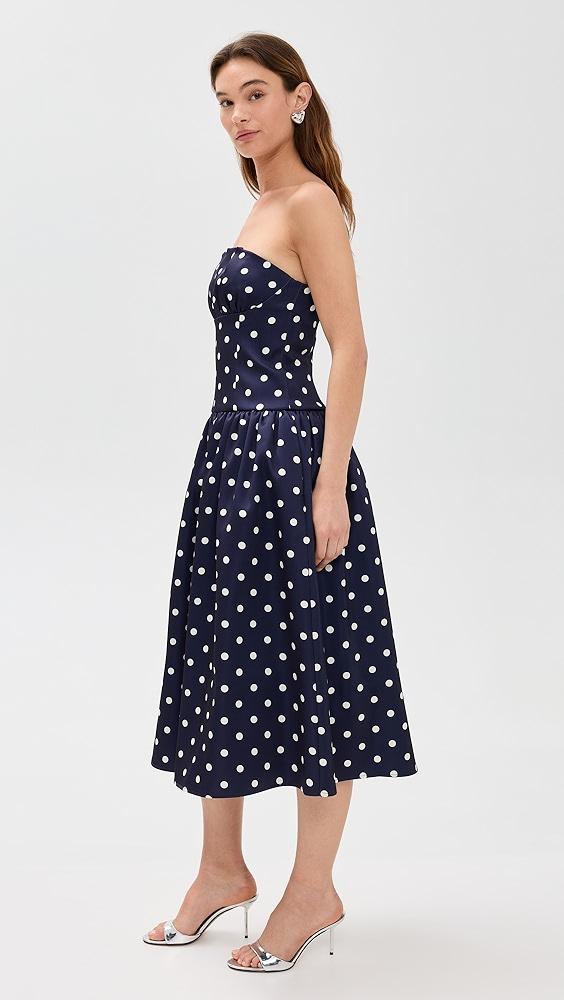 Self Portrait Navy Polka Dot Satin Midi Dress | Shopbop Product Image