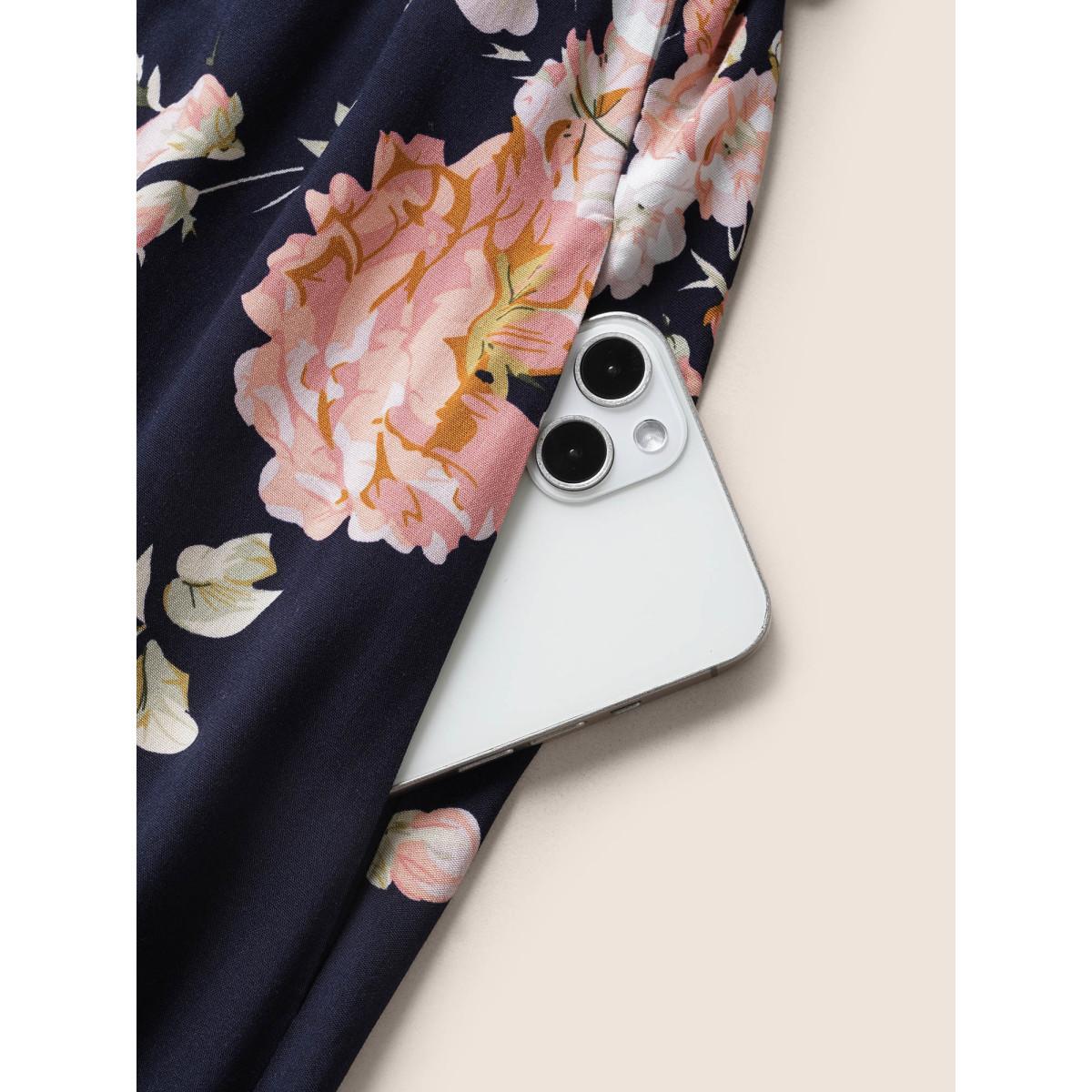 Plus Size Floral Wrap Elastic Waist Belted Sleeveless Dress DarkBlue Women Timeless Non Spaghetti Strap Sleeveless Curvy Midi Dress BloomChic 18-20/2X Product Image