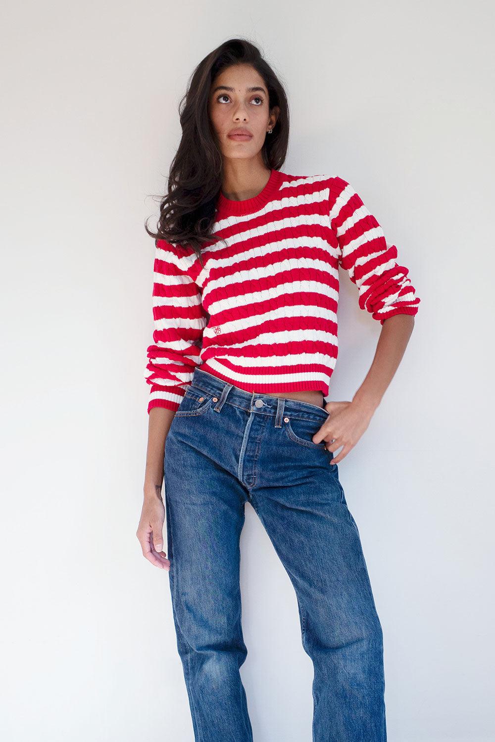 Varsity Cable Knit Sweater - Heartstrings Stripe Product Image