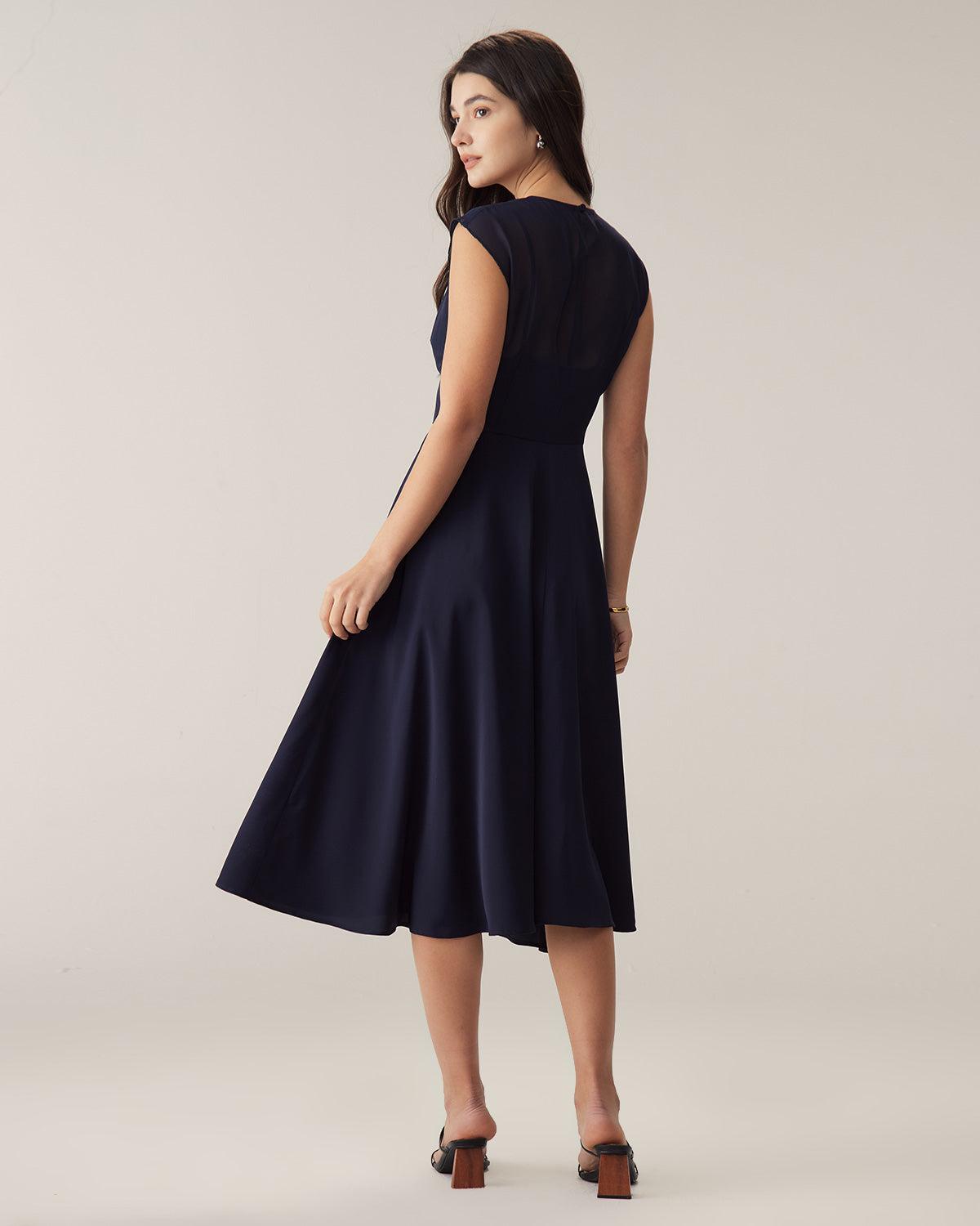 Navy See-through Cap Sleeve Midi Dress Product Image