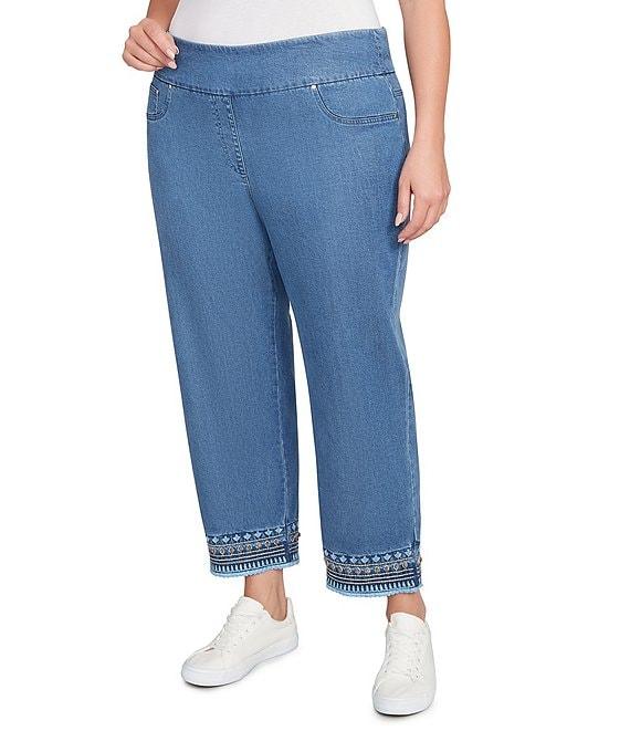 Ruby Rd. Plus Size Embroidered Hem Pull-On Ankle Jeans Product Image