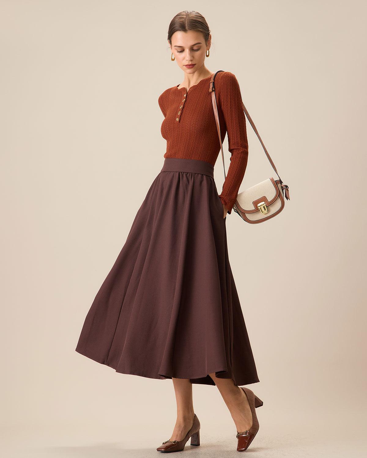 Women's Coffee High-waisted Pleated Midi Skirt Female Product Image