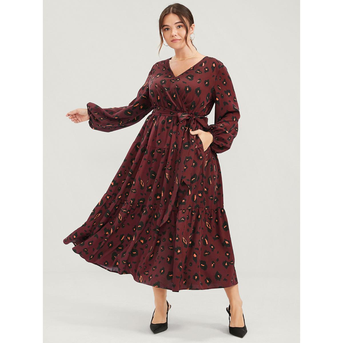 Plus Size Pocket Button Surplice Neck Allover Print Belted Dress Scarlet Women Party Cross straps V-neck Long Sleeve Curvy Long Dress BloomChic 14-16/1X Product Image