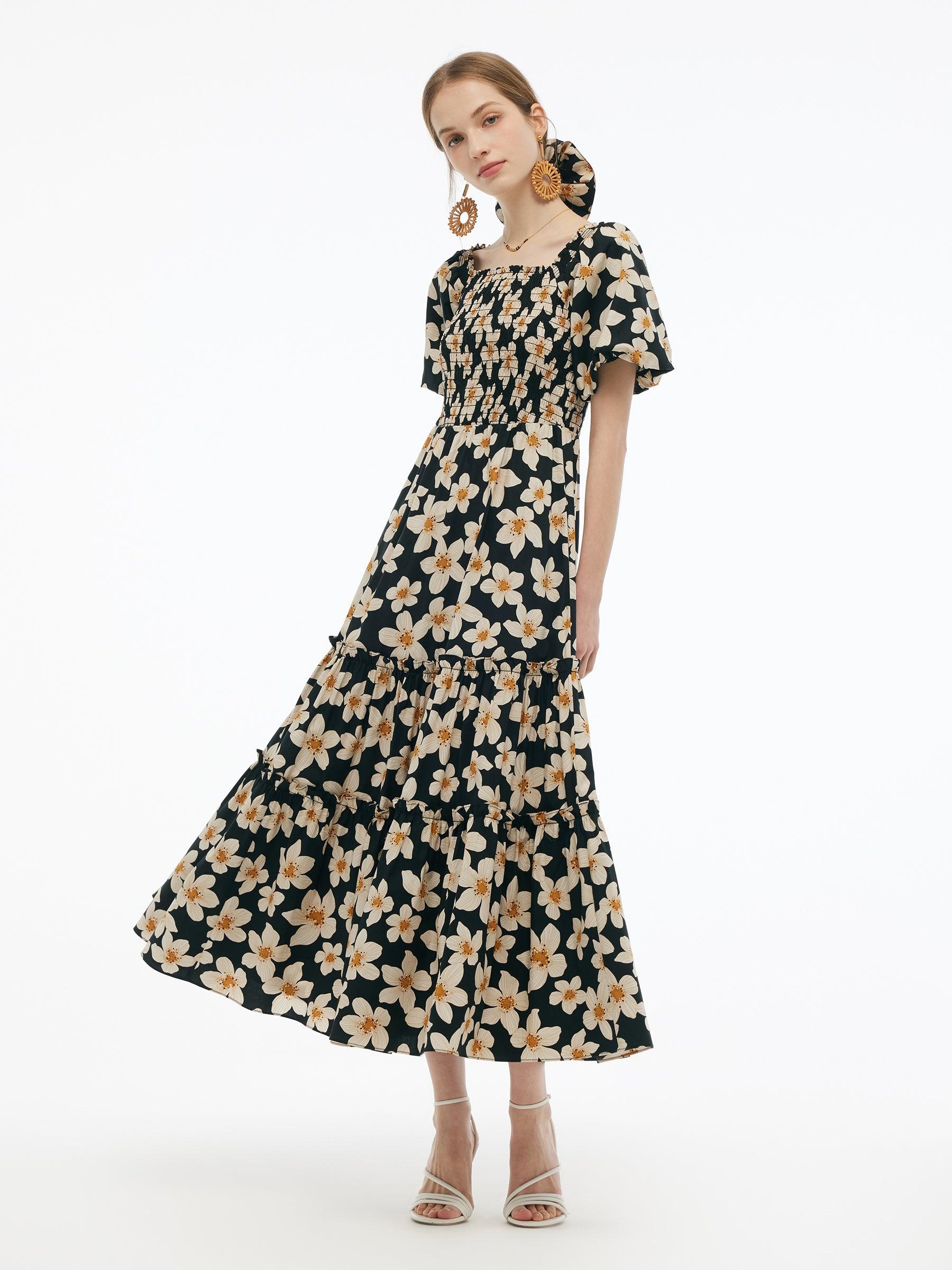 Cotton Stretch Floral Print Women Smocked Maxi Dress Product Image