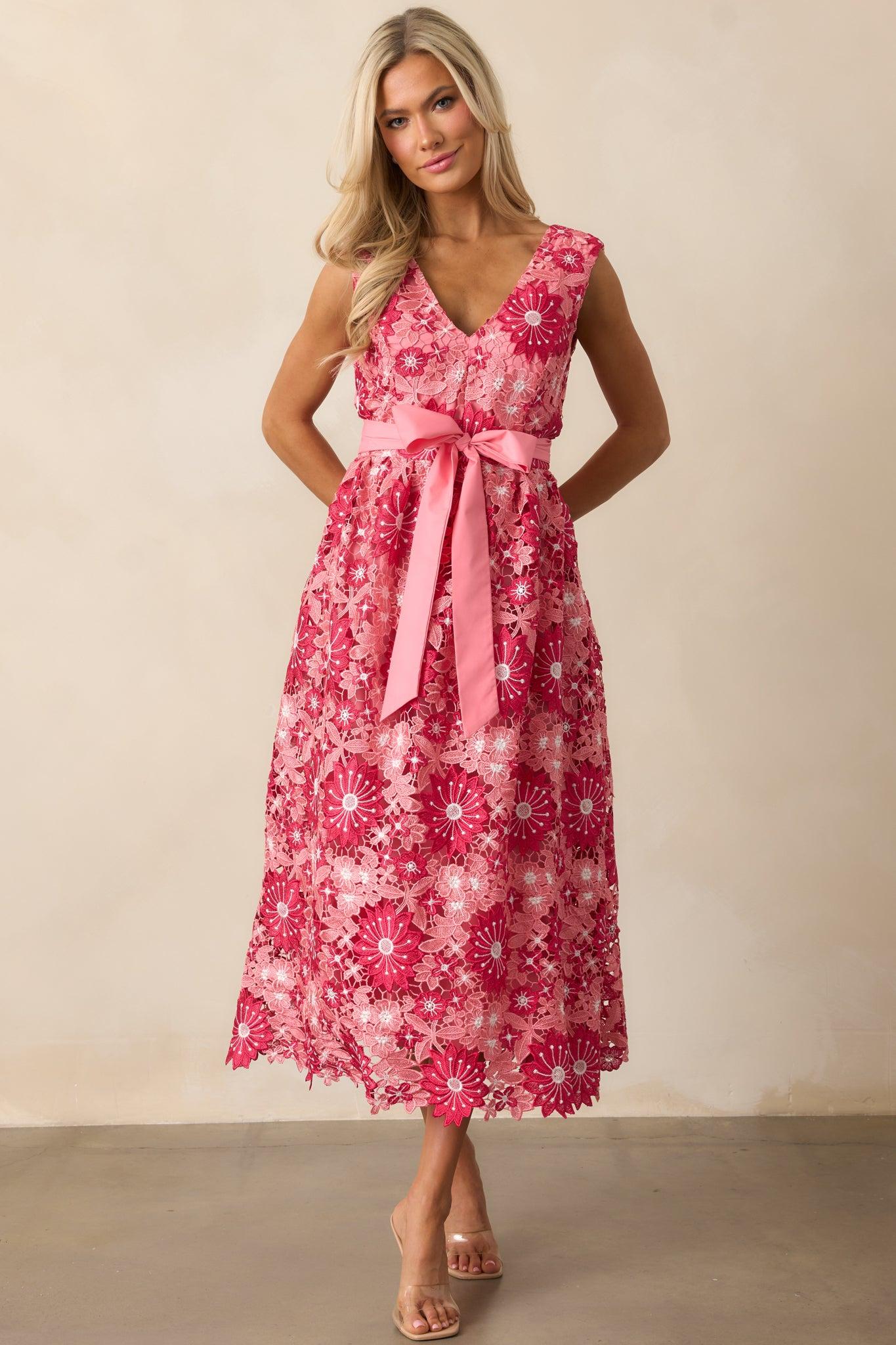 First Dance Pink Floral Embroidered Midi Dress Product Image