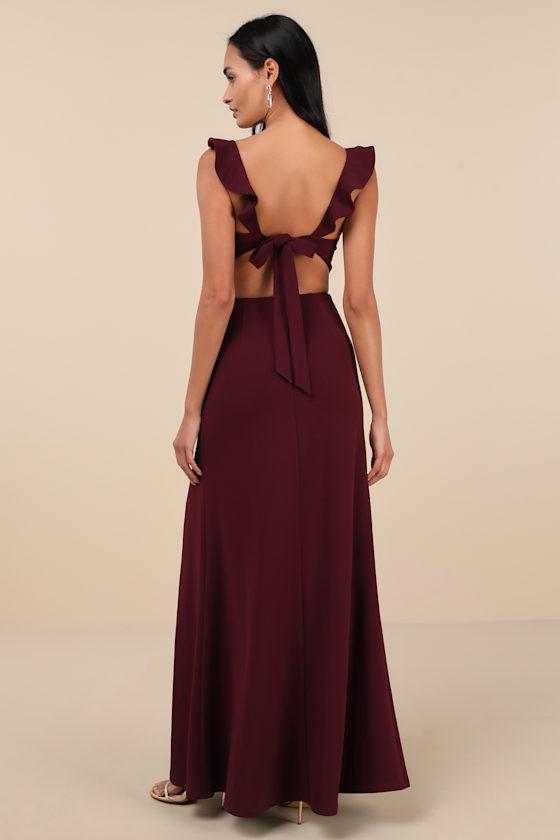 Captivating Charisma Plum Ruffled Cutout Tie-Back Maxi Dress Product Image