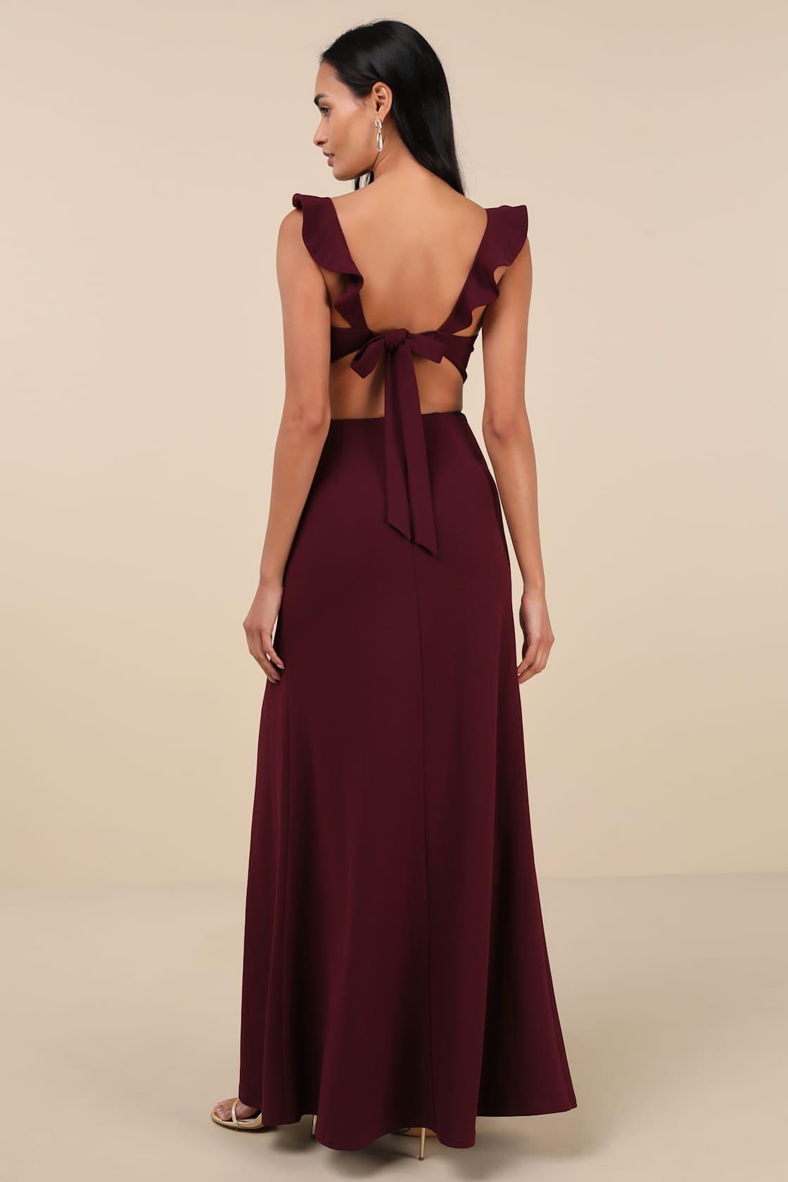 Captivating Charisma Plum Ruffled Cutout Tie-Back Maxi Dress Product Image