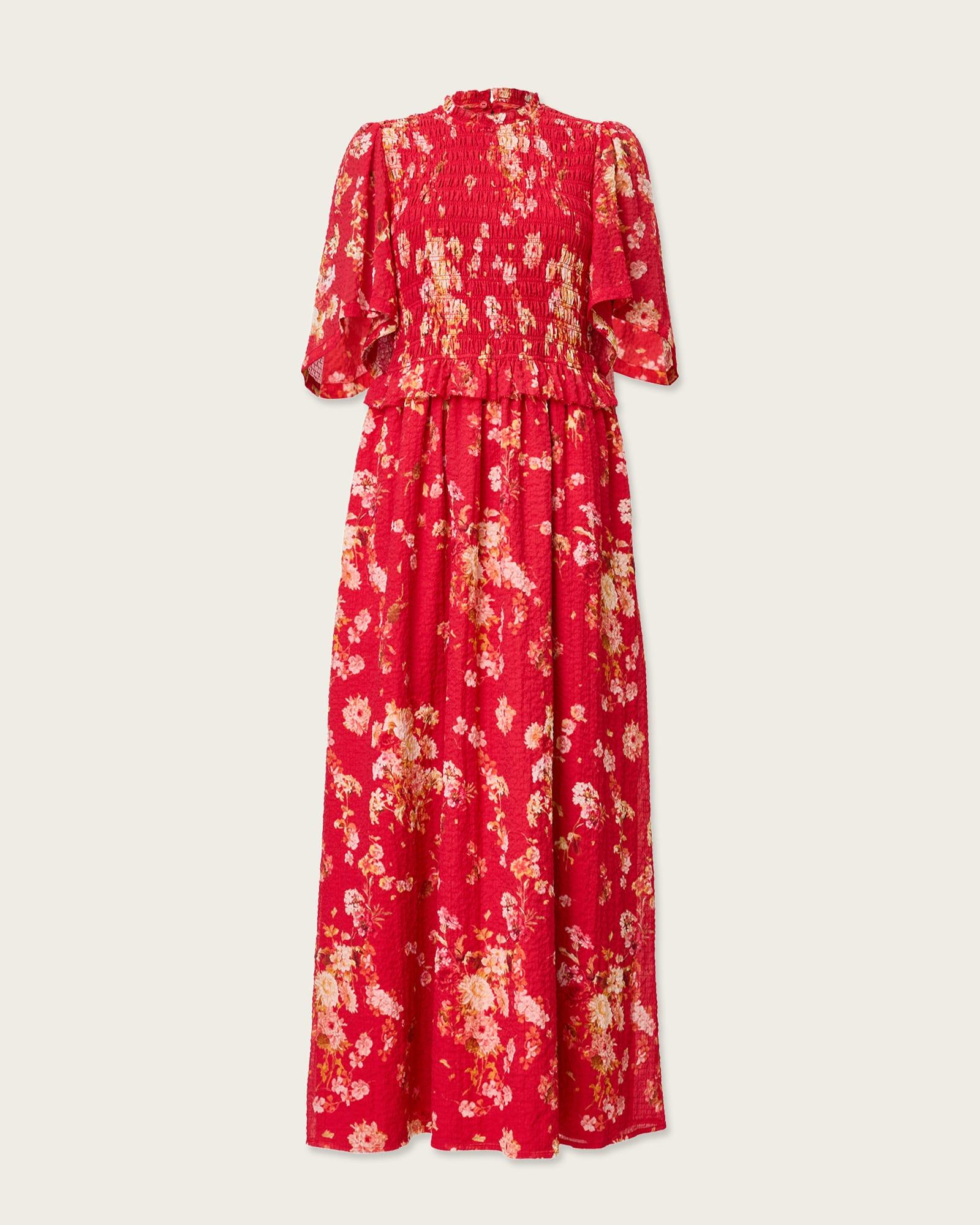 Mya Floral Print Shirred Midi Dress ARMADA RED | ALLSAINTS US Product Image