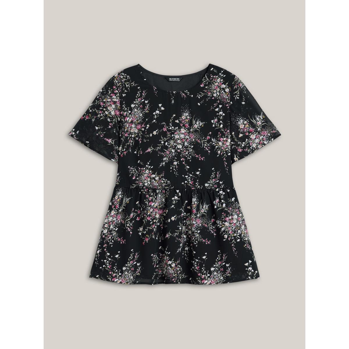 Plus Size Black Floral Print Stretchy-Waist Lined Shirt Women Elegant Short sleeve Round Neck Everyday Blouses BloomChic 12/L Product Image