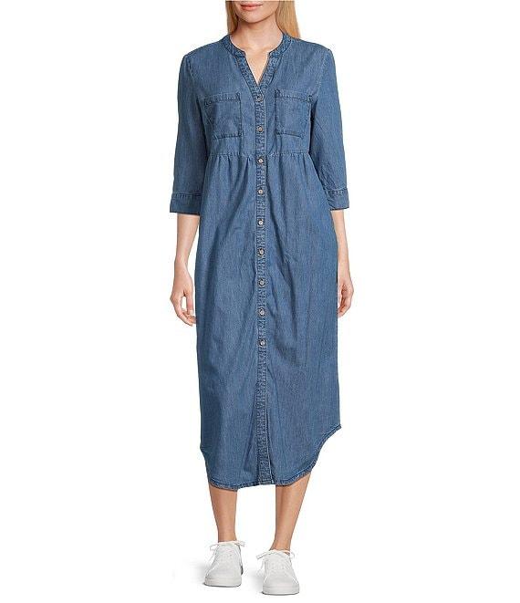 Westbound Petite Size 3/4 Rolled Sleeve Y-Neck Button-Front Maxi Shirt Dress Product Image