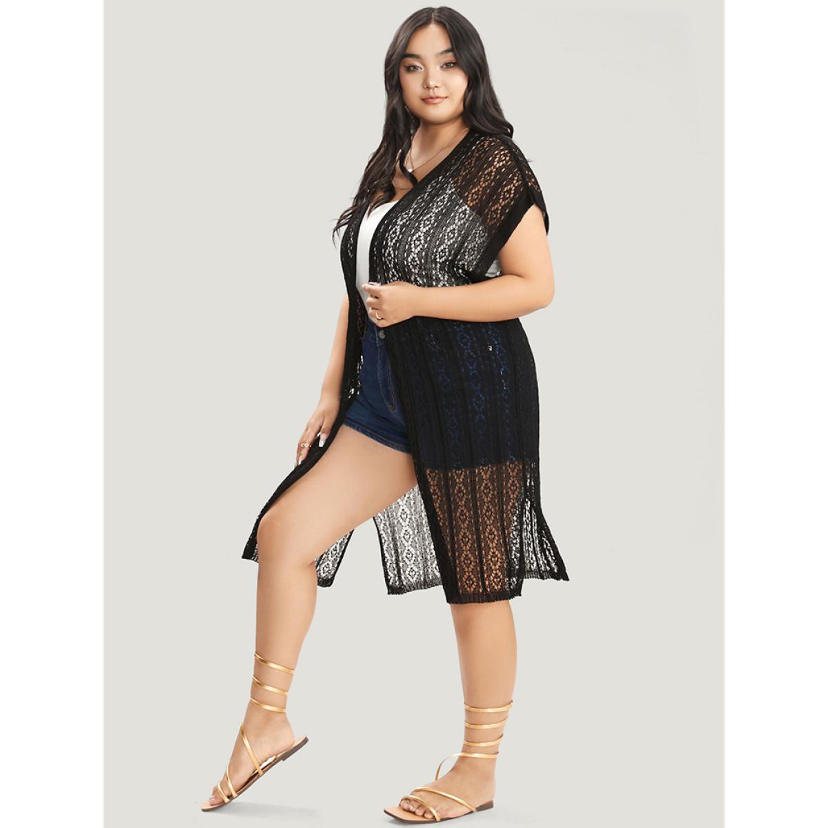 Plus Size Plain Split Hem Eyelet Open Front Cardigan Black Women Elegant Short sleeve Dailywear Cardigans BloomChic 30/6X Product Image