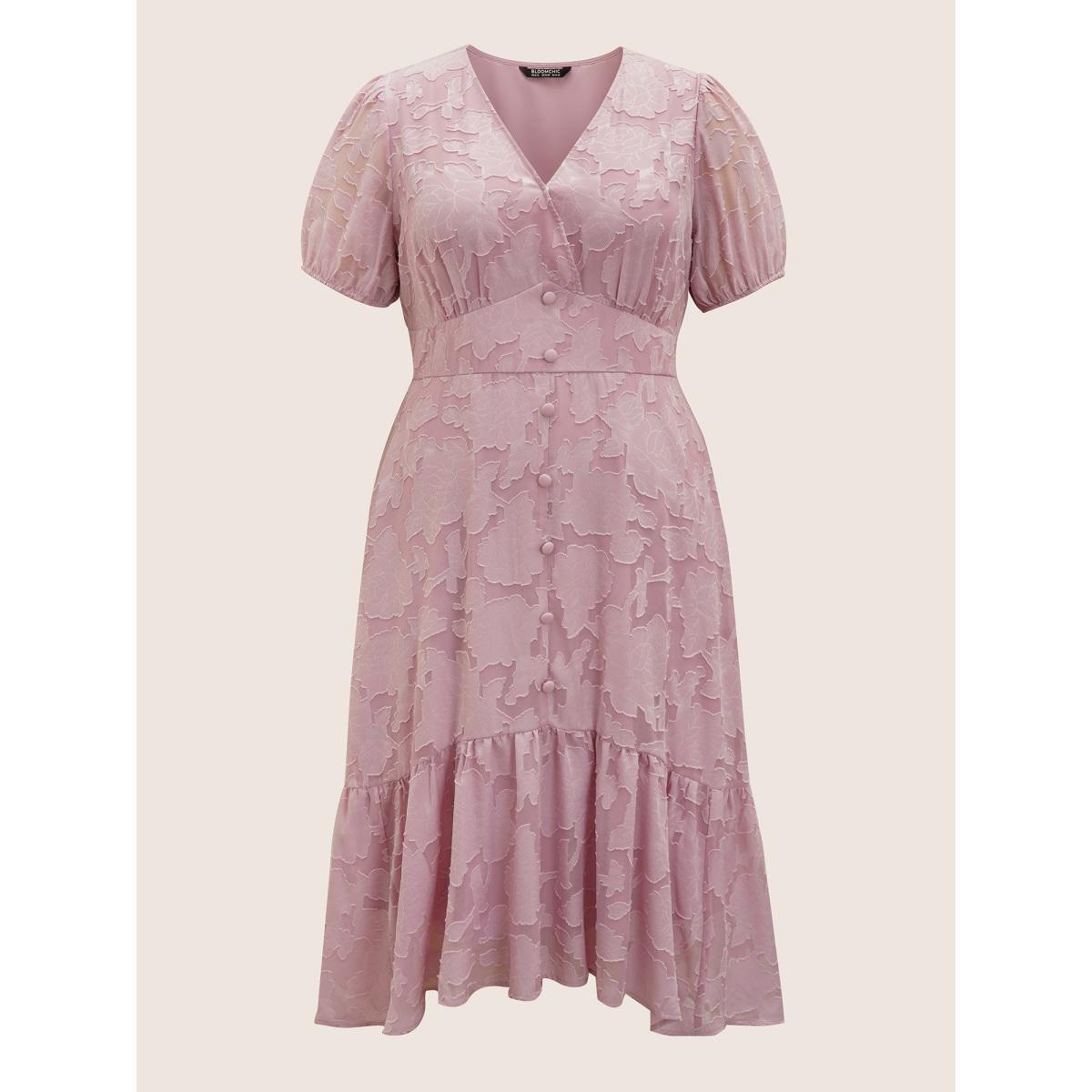 Plus Size Solid Textured Lantern Sleeve Button Detail Dress Lightpink Women Romantic Button V-neck Short sleeve Curvy BloomChic 28/5X Product Image