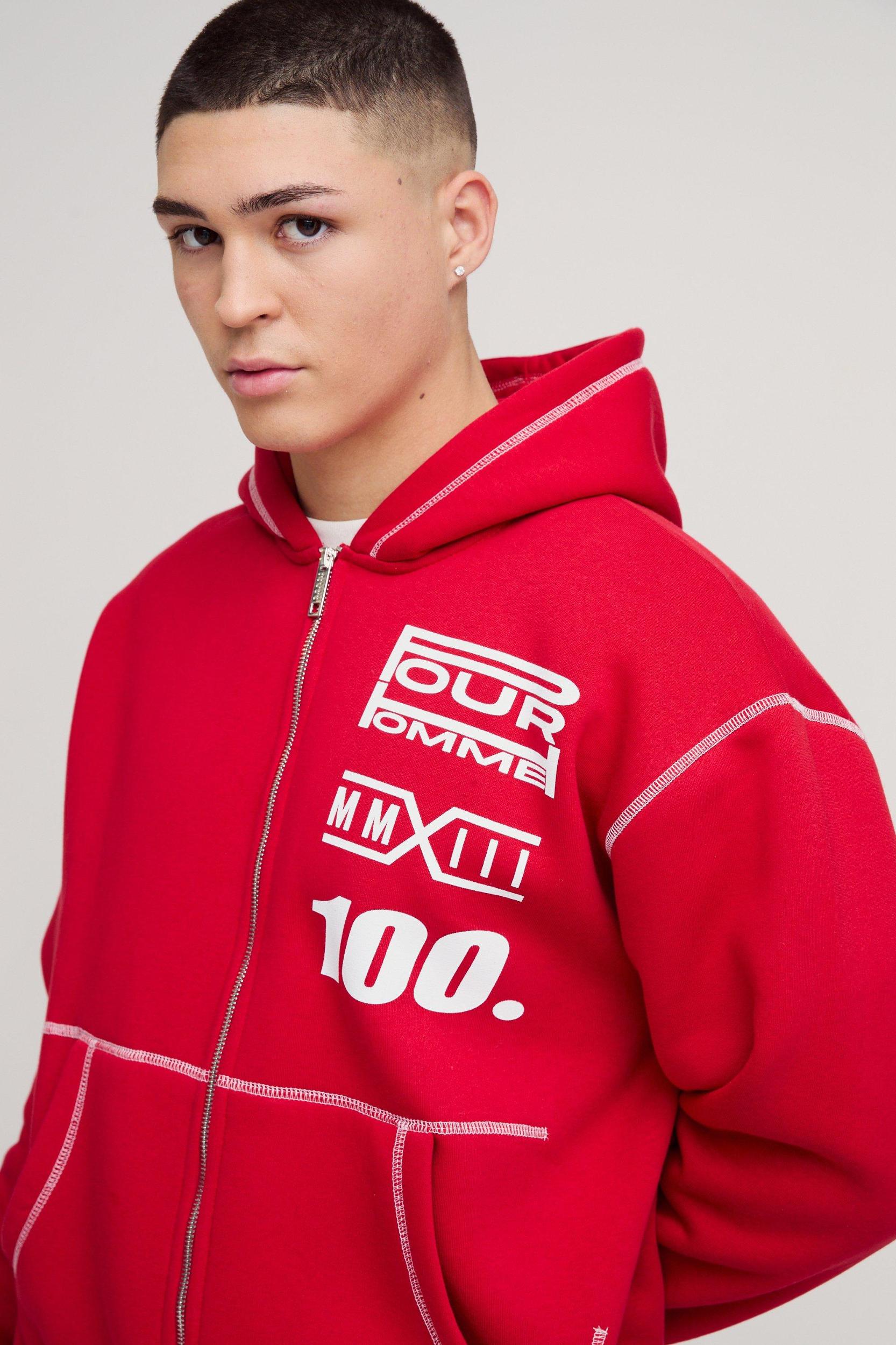 Oversized Boxy Moto Contrast Stitch Zip Through Hoodie | boohooMAN USA Product Image