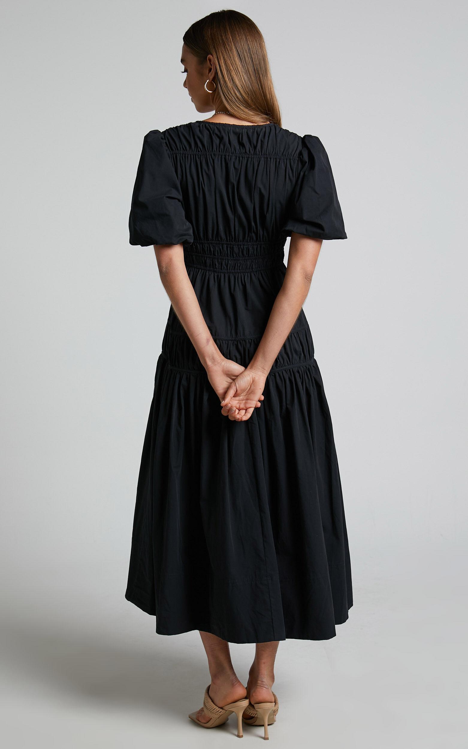 Mellie Midi Dress - Puff Sleeve Plunge Tiered Dress in Black Product Image