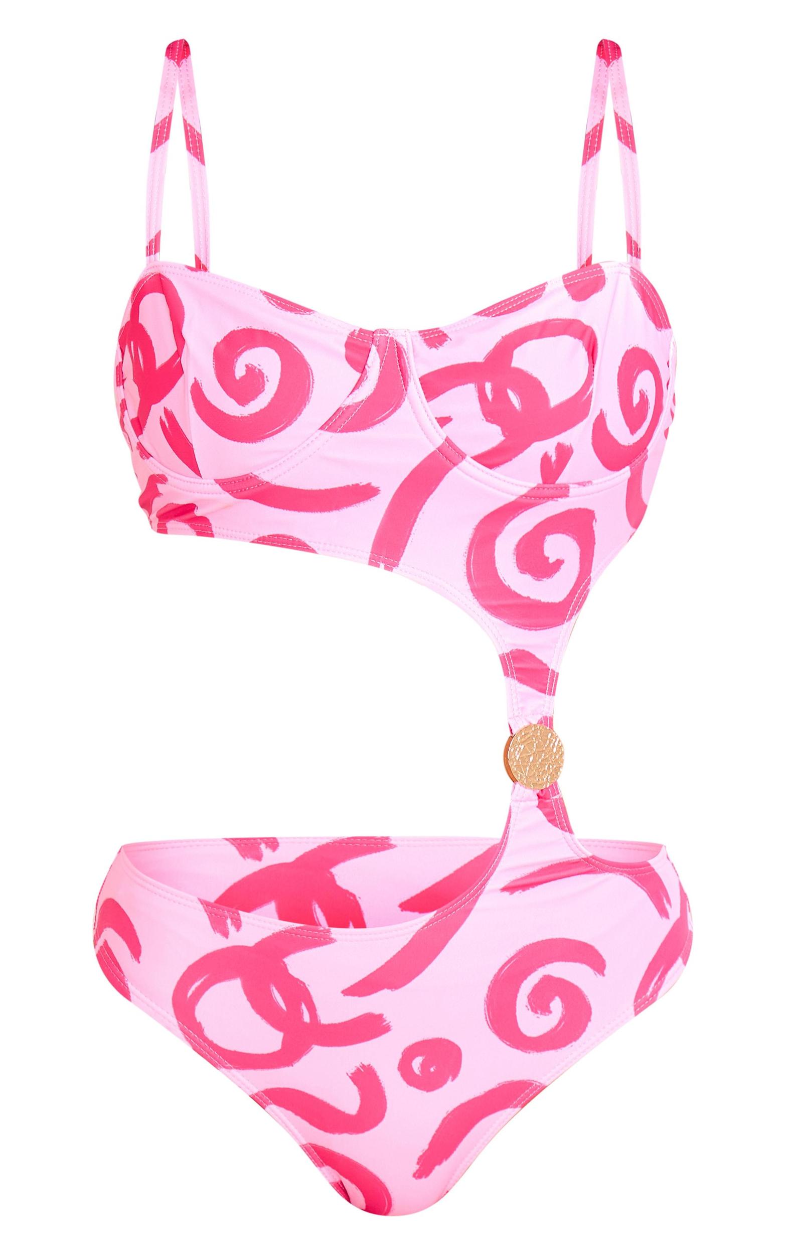 Pink Swirl Print Underwired Cut Out Swimsuit Product Image
