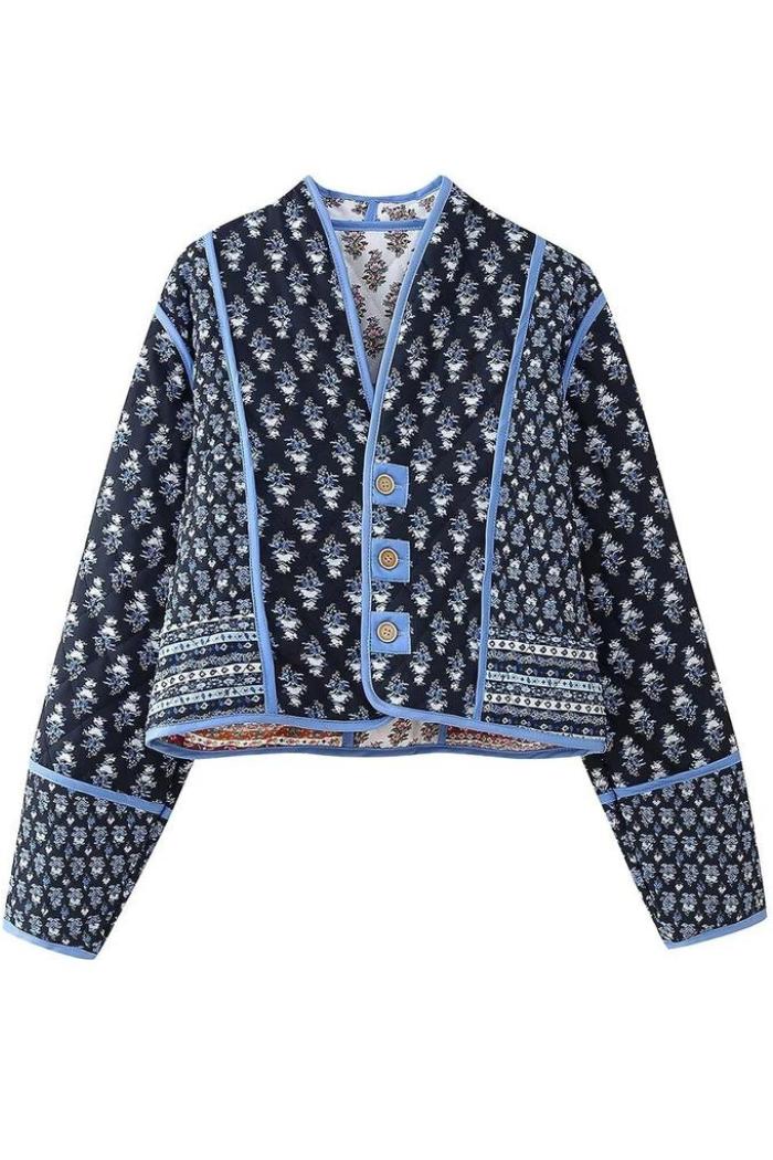 Stylish V-Neck Button Double-Sided Printed Quilted Jacket Product Image
