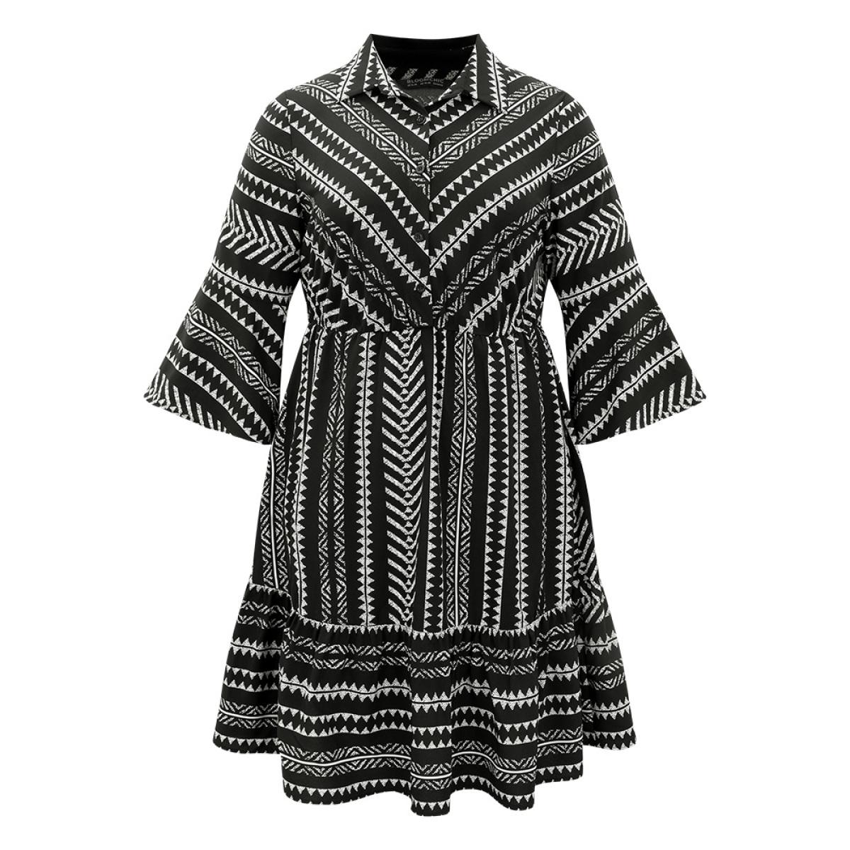 Plus Size Bandana Striped Bell Sleeve Shirt Collar Dress Black Women Casual Printed Shirt collar Elbow-length sleeve Curvy Midi Dress BloomChic 22-24/3X Product Image