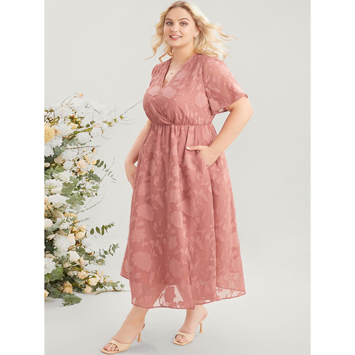 Plus Size Plain Surplice Neck Split Mesh Pocket Ruffles Dress Rouge Women Elegant See through Overlap Collar Short sleeve Curvy Long Dress BloomChic 26/4X Product Image