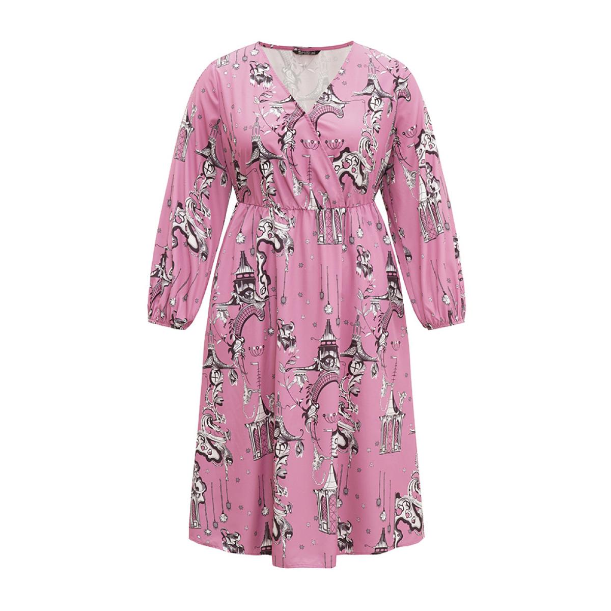 Plus Size Halloween Print Chiffon Lantern Sleeve Wrap Dress Watermelon Women Elegant Elastic cuffs V-neck Long Sleeve Curvy Midi Dress BloomChic 28/5X Product Image