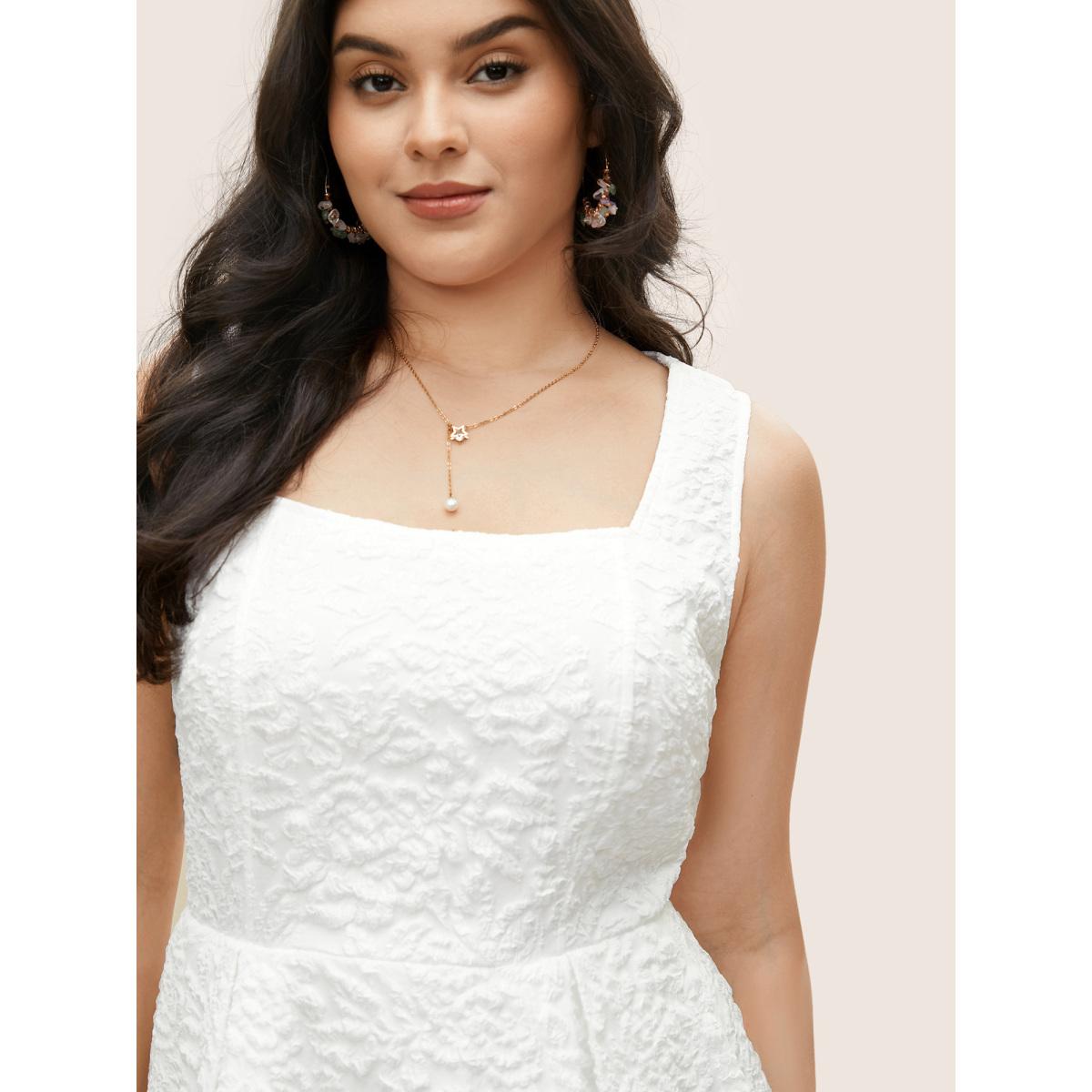 Plus Size Textured Solid Pocket Square Neck Tank Dress White Women Elegant Texture Square Neck Sleeveless Curvy Midi Dress BloomChic 22-24/3X Product Image