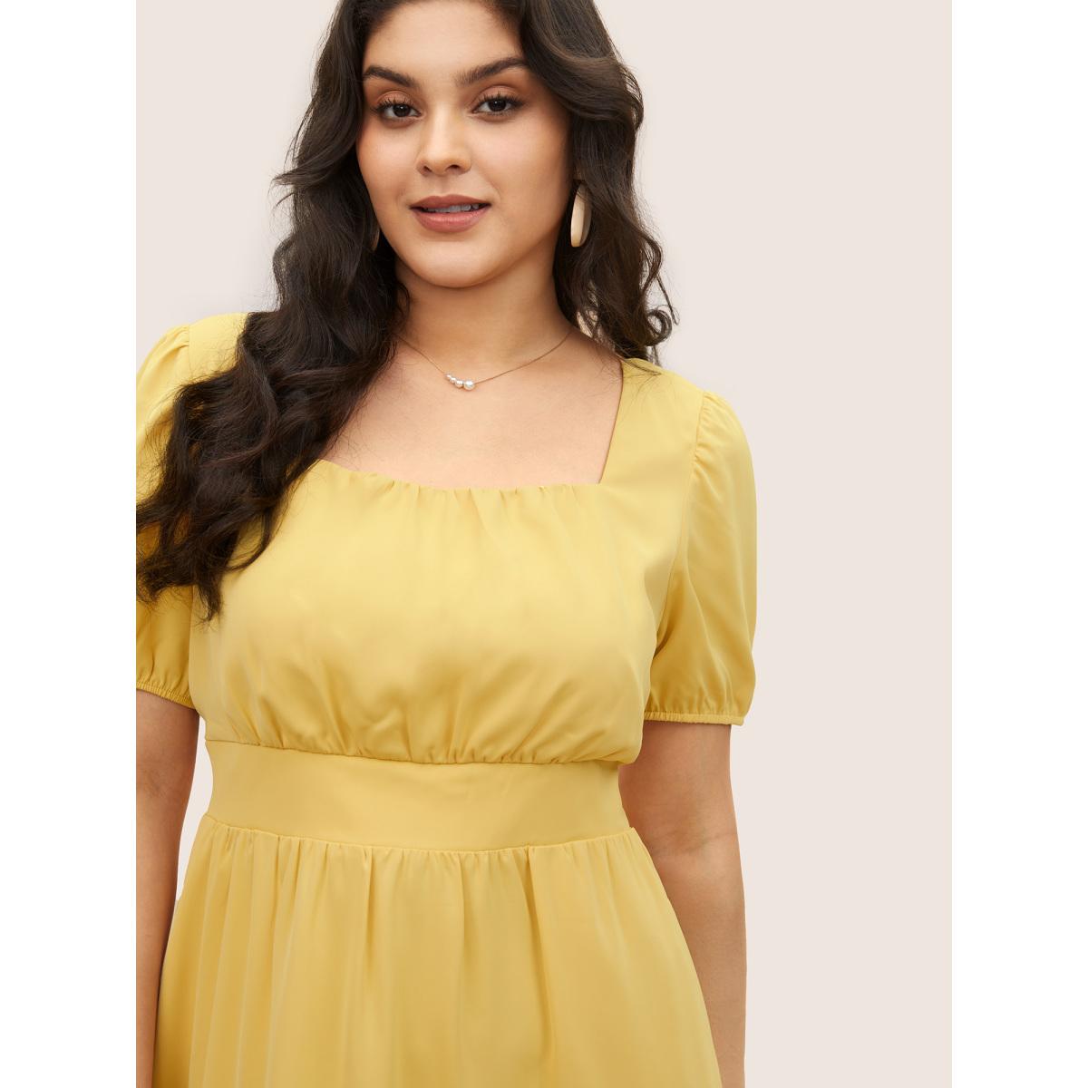 Plus Size Square Neck Gathered Lantern Sleeve Dress Yellow Women Elegant Non Square Neck Short sleeve Curvy Midi Dress BloomChic 14-16/1X Product Image