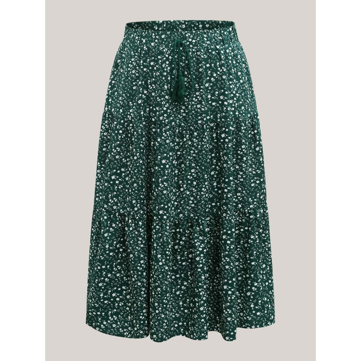 Plus Size Ditsy Floral Print Tiered Tied Maxi Skirt Women Emerald Timeless Loose No stretch Side seam pocket Vacation Skirts BloomChic 14-16/1X Product Image