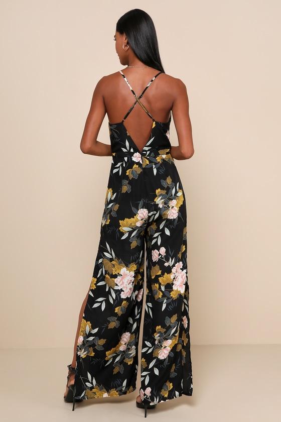 Beautiful Blooms Black Floral Print Wide-Leg Jumpsuit Product Image