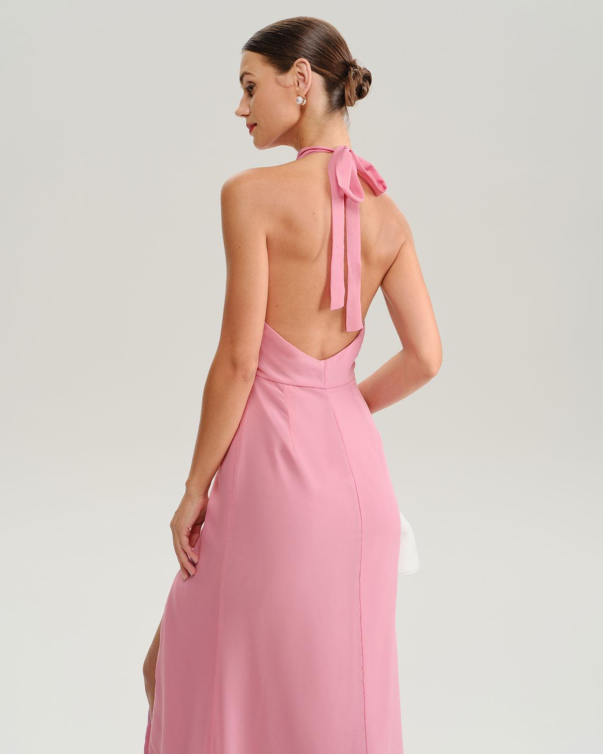Pink Mock Neck Backless Maxi Dress Product Image