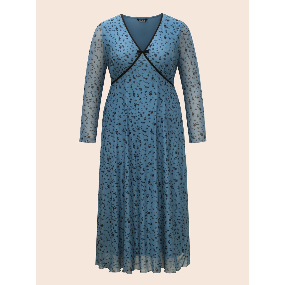 Plus Size Ditsy Floral Bowknot Patchwork Mesh Dress Cerulean Women Elegant Woven ribbon&lace trim V-neck Long Sleeve Curvy BloomChic 22-24/3X Product Image