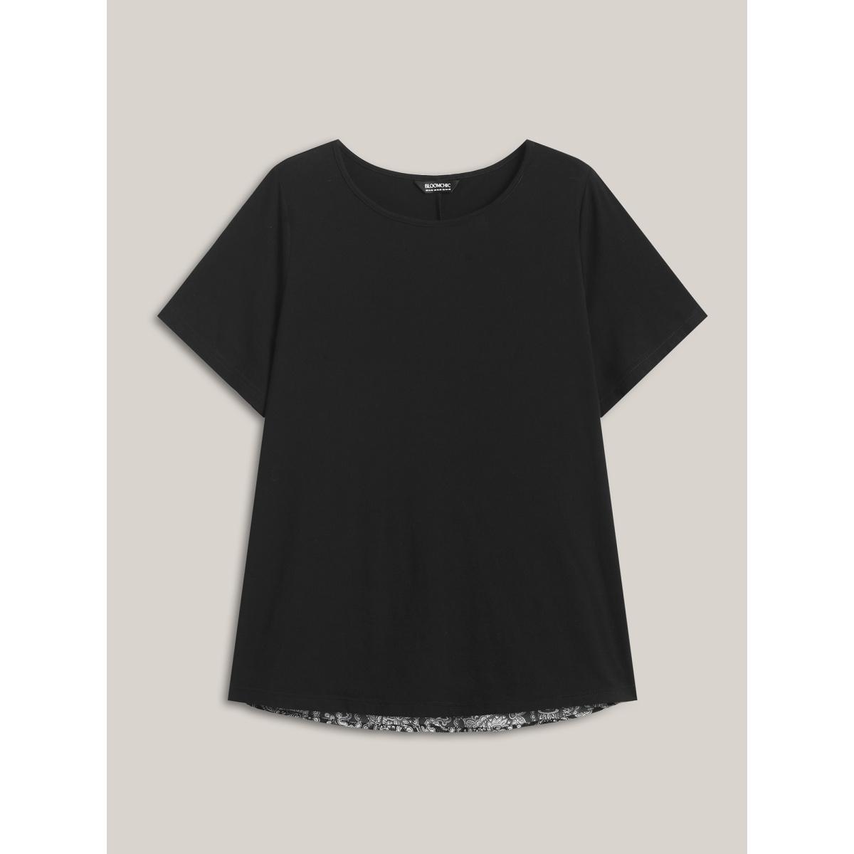 Plus Size Paisley Print Crew Neck Spliced T-Shirt Black Women Leisure Contrast Round Neck Casual T-shirts BloomChic 14-16/1X Product Image