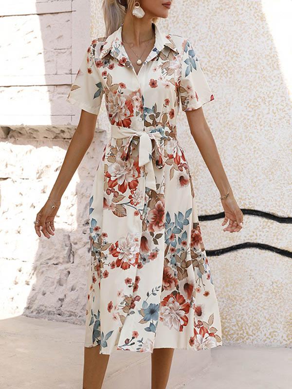 A-Line Loose Buttoned Flower Print Tied Waist Lapel Midi Dresses Product Image