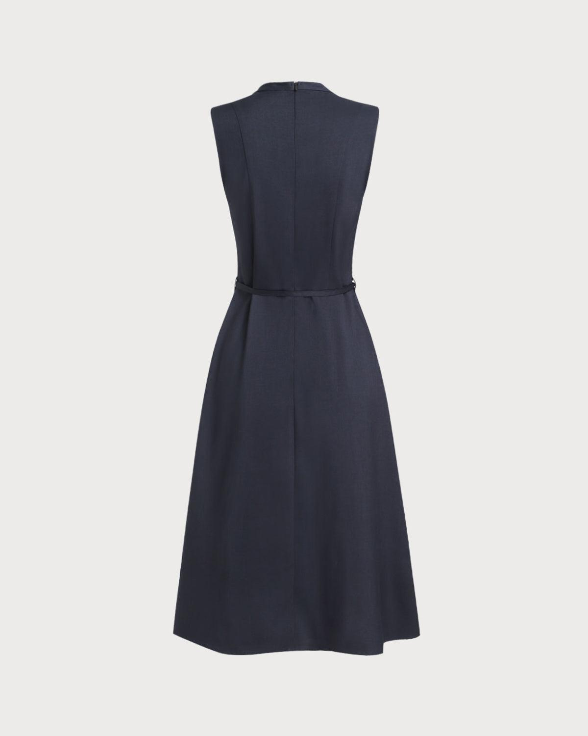 Navy Mock Neck High Waist Midi Dress Product Image