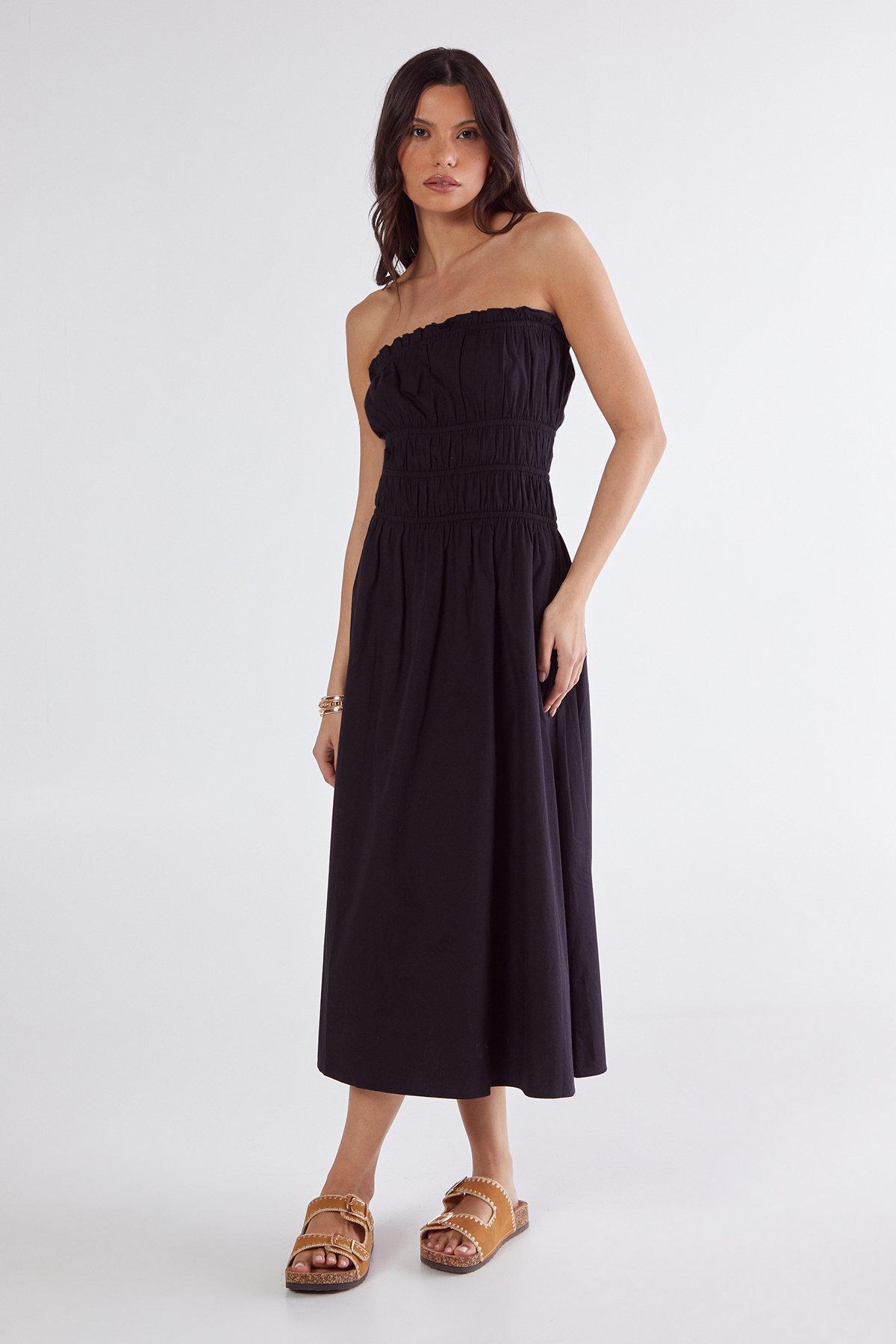 Cotton Poplin Bandeau Ruched Midi Dress Product Image
