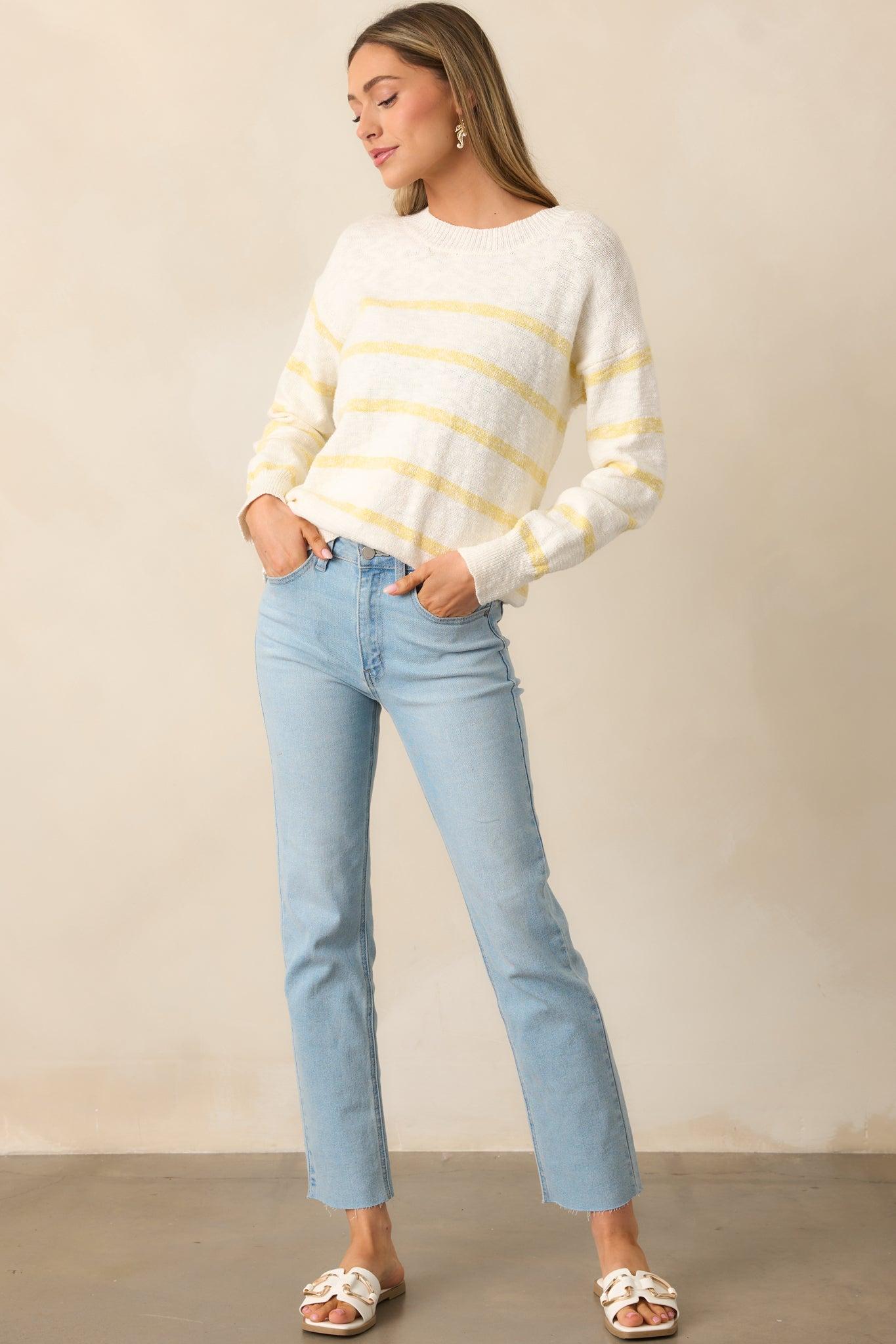 My Day Off Ivory & Yellow Cotton Stripe Sweater Product Image