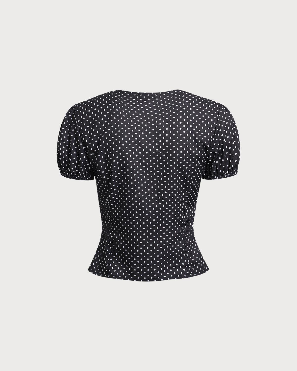 Black Polka Dot Lace Trim Blouse Product Image