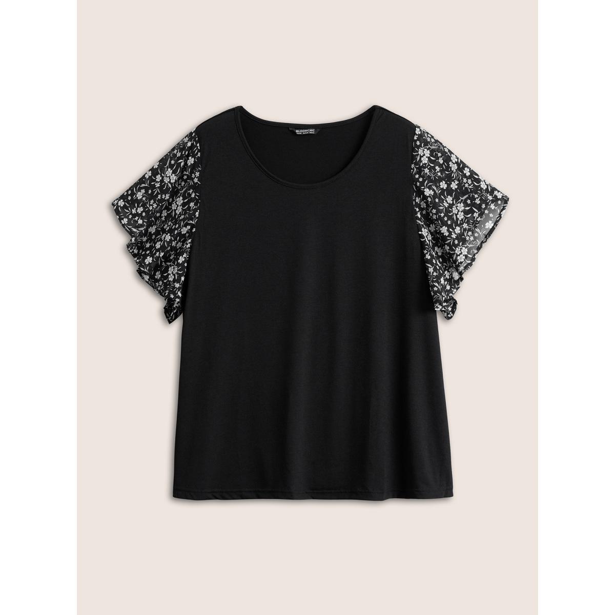 Plus Size Ditsy Floral Ruffle Sleeve Round Neck T-Shirt Black Women Elegant Ditsy Floral Everyday T-shirts BloomChic 28/5X Product Image