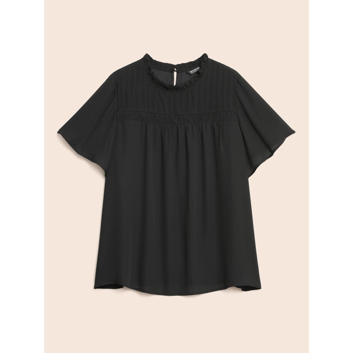 Plus Size DarkGreen Anti-Wrinkle Shirred Ruffle Sleeve Mesh Frill Trim Blouse Women Office Short sleeve Stand-up collar Office Blouses BloomChic 26/4X Product Image