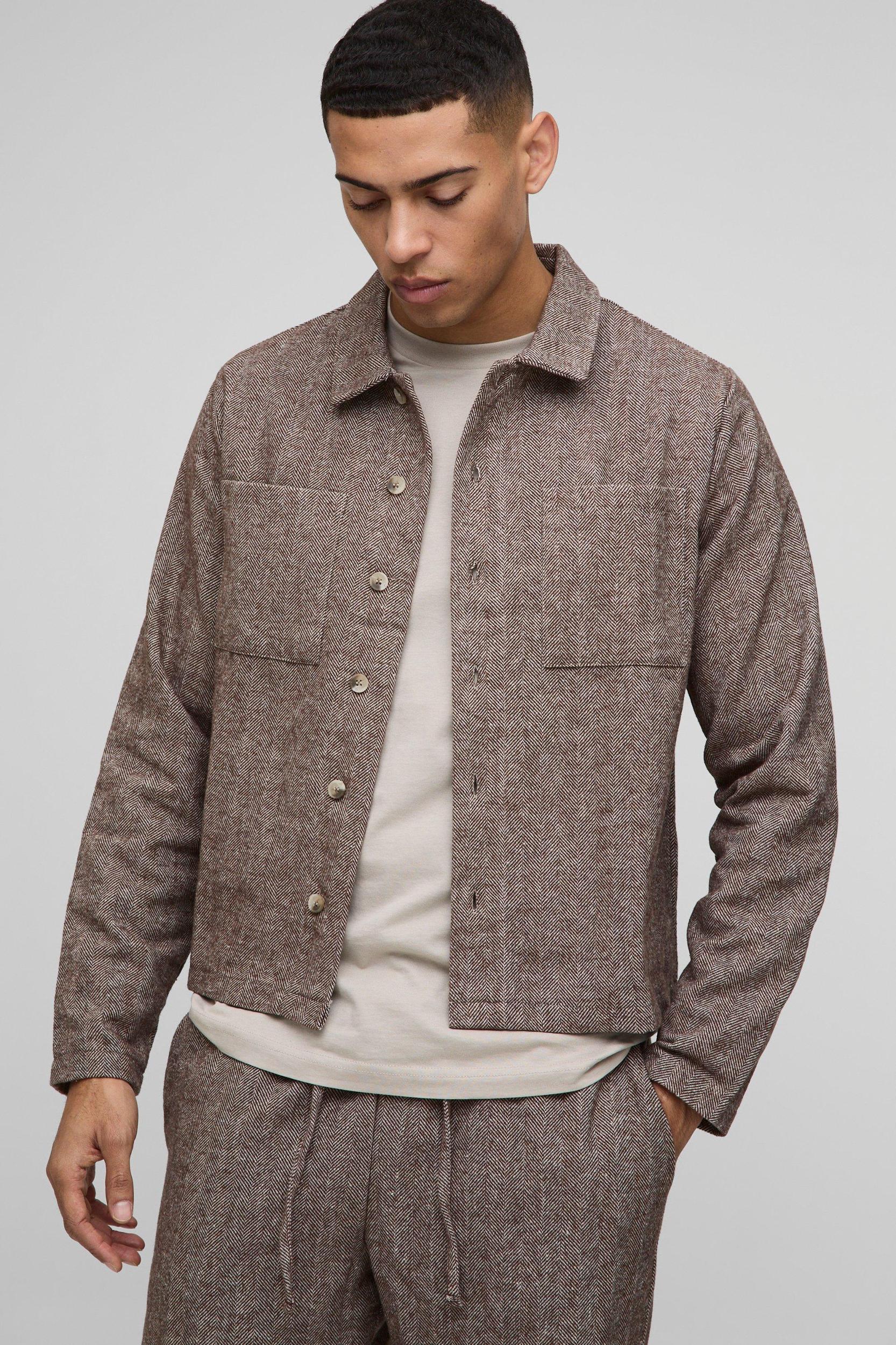 Regular Fit Herringbone Cargo Pocket Harrington | boohooMAN USA Product Image