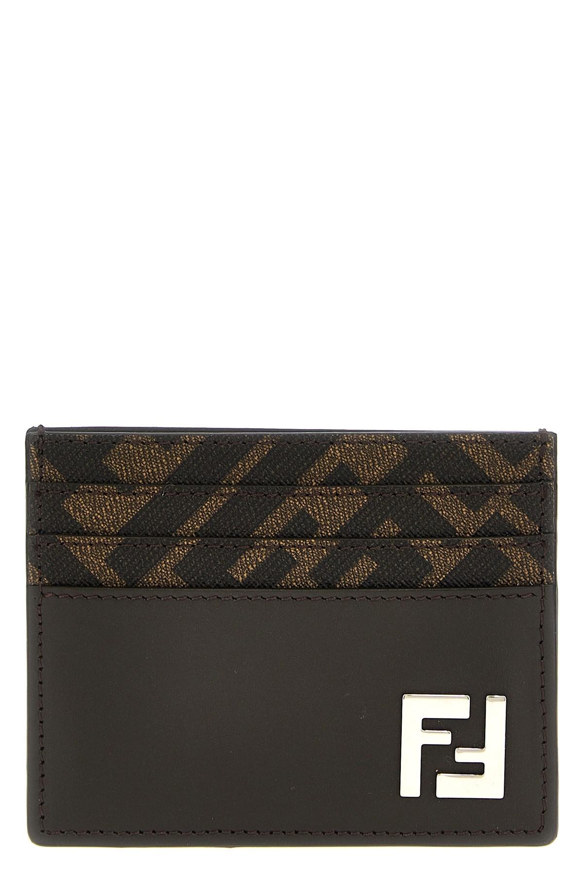 FENDI Brown Card-holder With Squared Ff Motif In Leather And Ff Canvas Man In Ebony Product Image