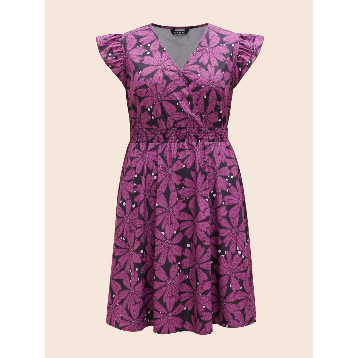 Plus Size Surplice Neck Floral Shirred Elastic Waist Midi Dress DarkViolet Women Timeless Shirred Overlap Collar Cap Sleeve Curvy BloomChic 26/4X Product Image