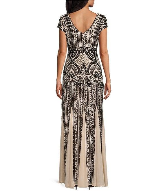 R & M Richards Sequin Power Mesh V-Neck Cap Sleeve Godet Skirt Sheath Dress Product Image