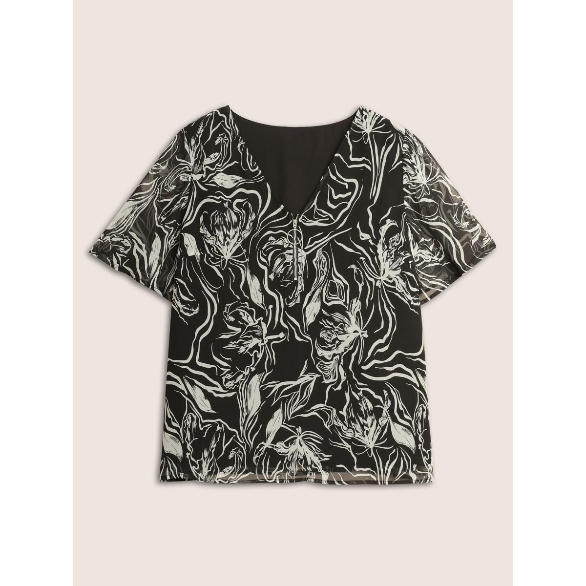 Plus Size Black Floral Half Zip Patchwork Mesh Blouse Women Elegant Short sleeve V-neck Everyday Blouses BloomChic 18-20/2X Product Image