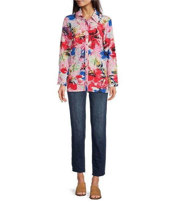 Calessa Antique Floral Print Textured Crinkle Point Collar Long Sleeve Button Front Tunic Product Image