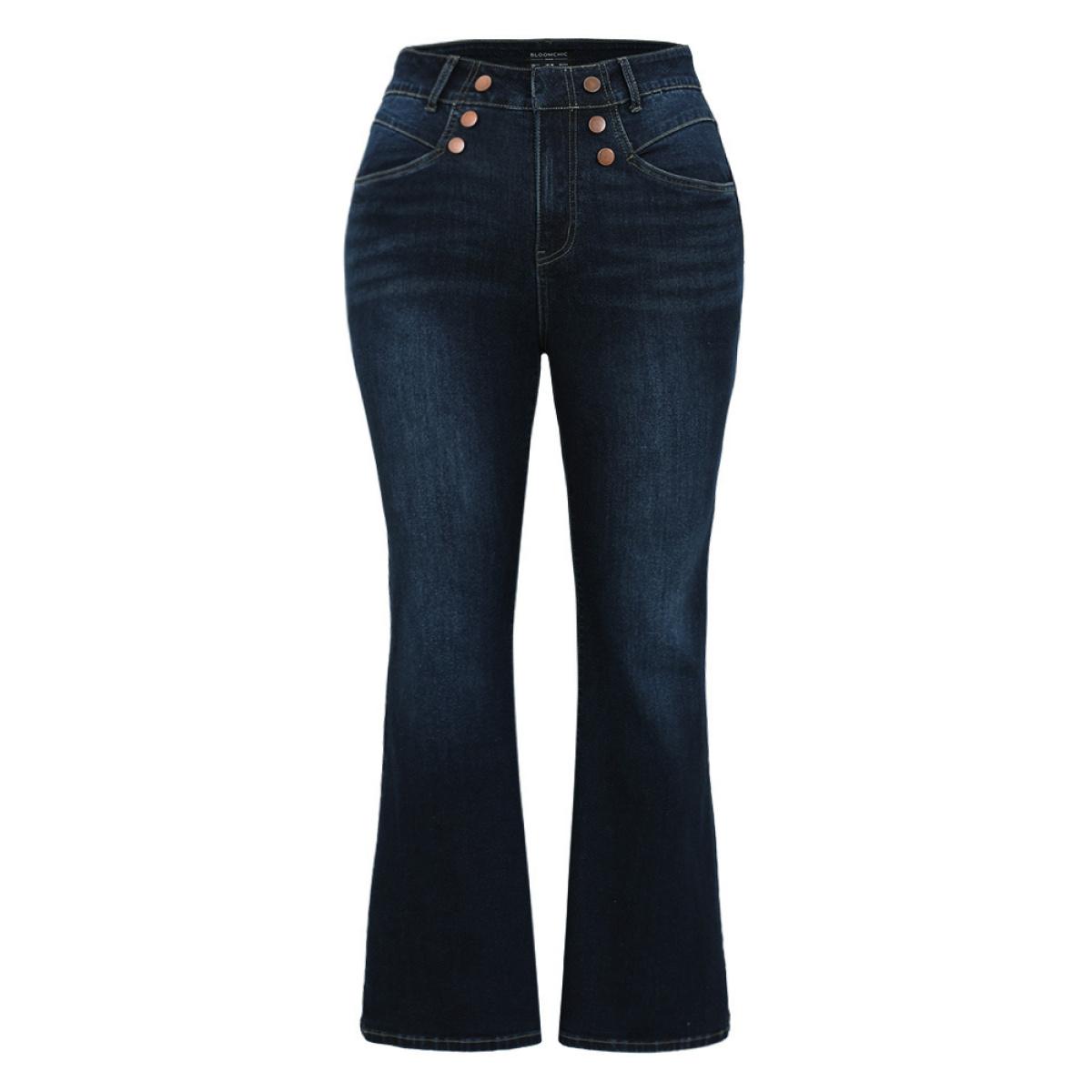 Plus Size Flare Leg Button Detail High Rise Jeans Women Indigo Casual Plain Non High stretch Slanted pocket Jeans BloomChic 24/3X Product Image